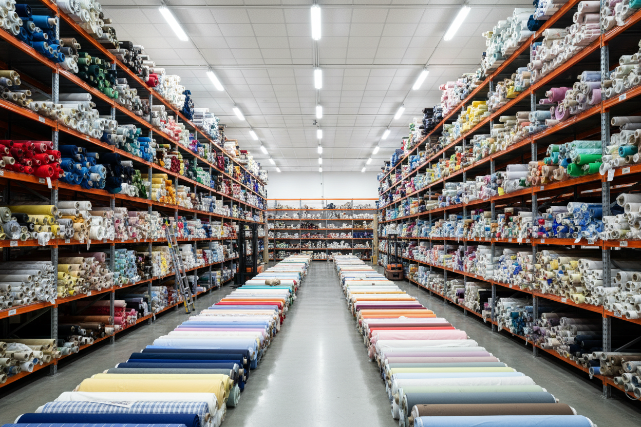 Ik wil graag een afbeelding van een groot magazijn met rollen stof